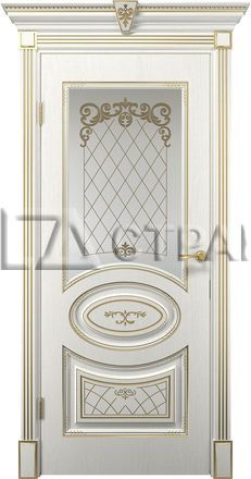 Межкомнатная дверь Вителия Белое дерево с патина золото / стекло сатинато